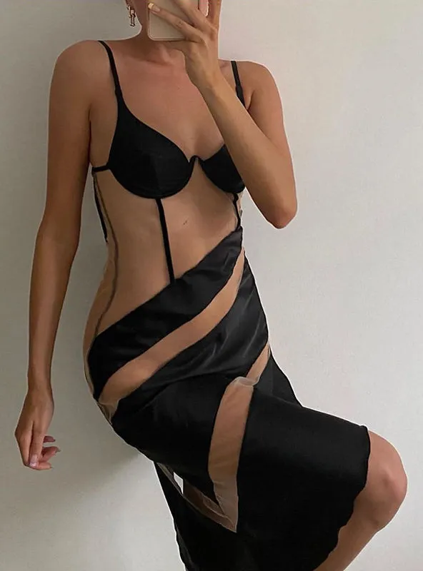 Sexy Plunge Long Sleeve Sheer Mesh Party Dress