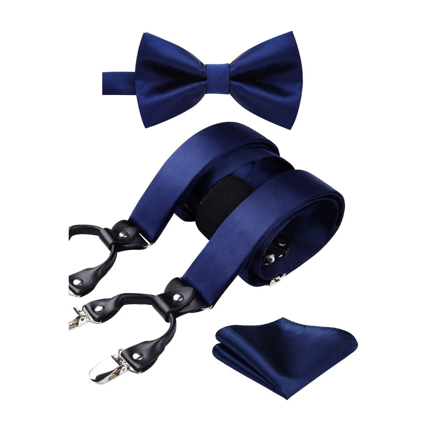 Solid Suspender Pre-Tied Bow Tie Handkerchief - A4-NAVY BLUE