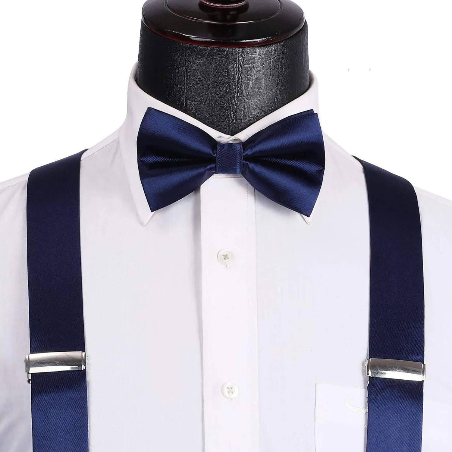 Solid Suspender Pre-Tied Bow Tie Handkerchief - A4-NAVY BLUE