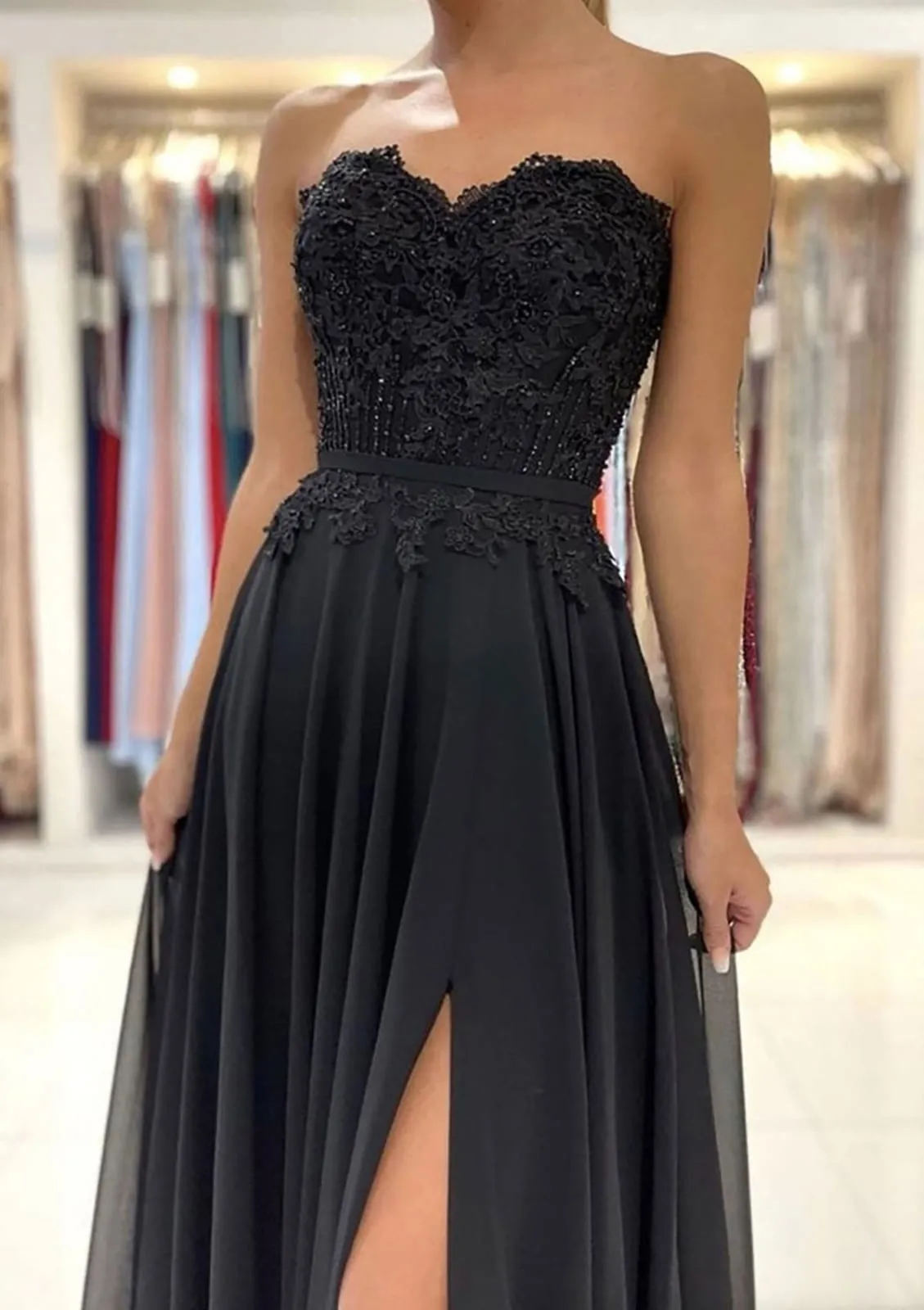 Strapless A-line Sweetheart Sweep Train Chiffon Black Formal Prom Dress, Lace Split