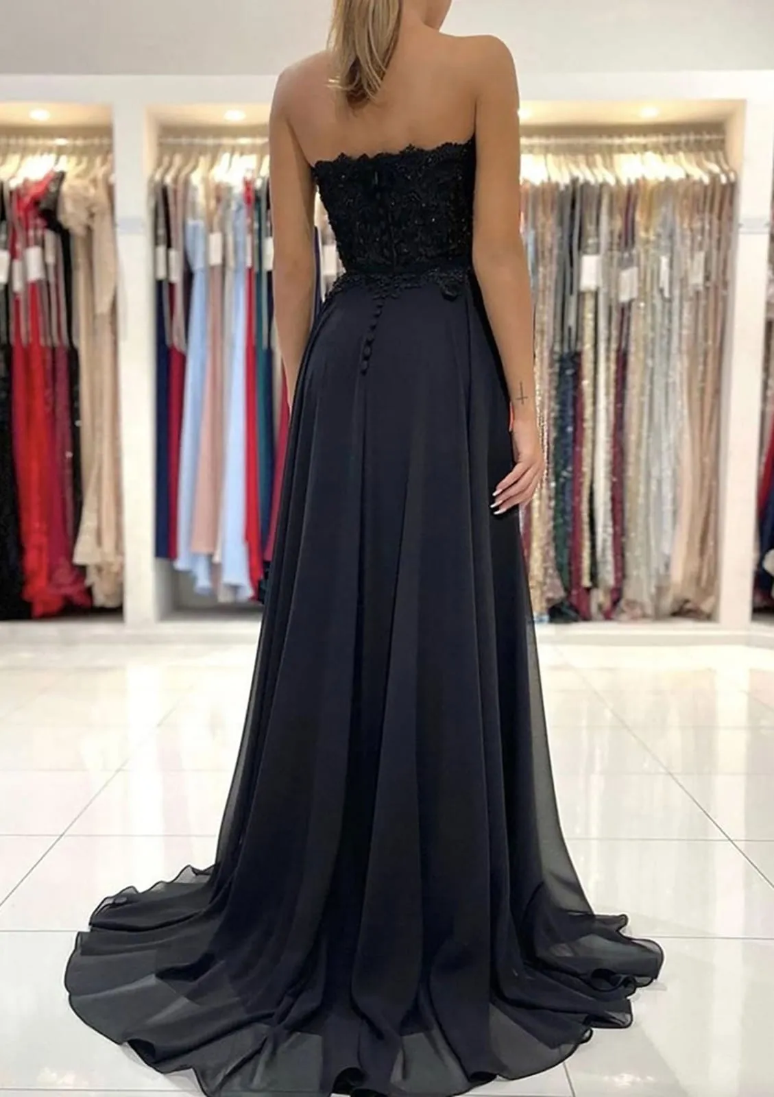 Strapless A-line Sweetheart Sweep Train Chiffon Black Formal Prom Dress, Lace Split