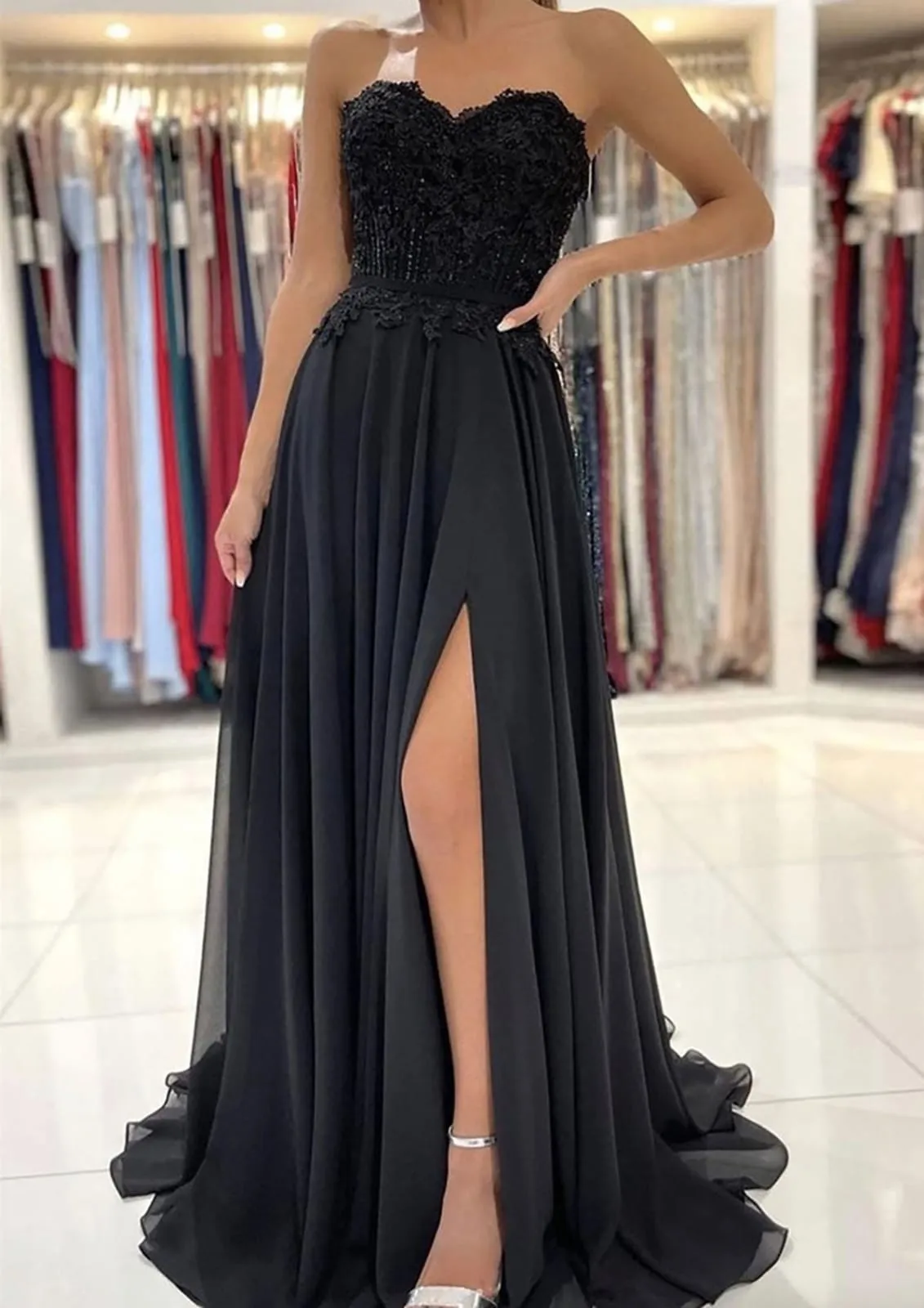 Strapless A-line Sweetheart Sweep Train Chiffon Black Formal Prom Dress, Lace Split