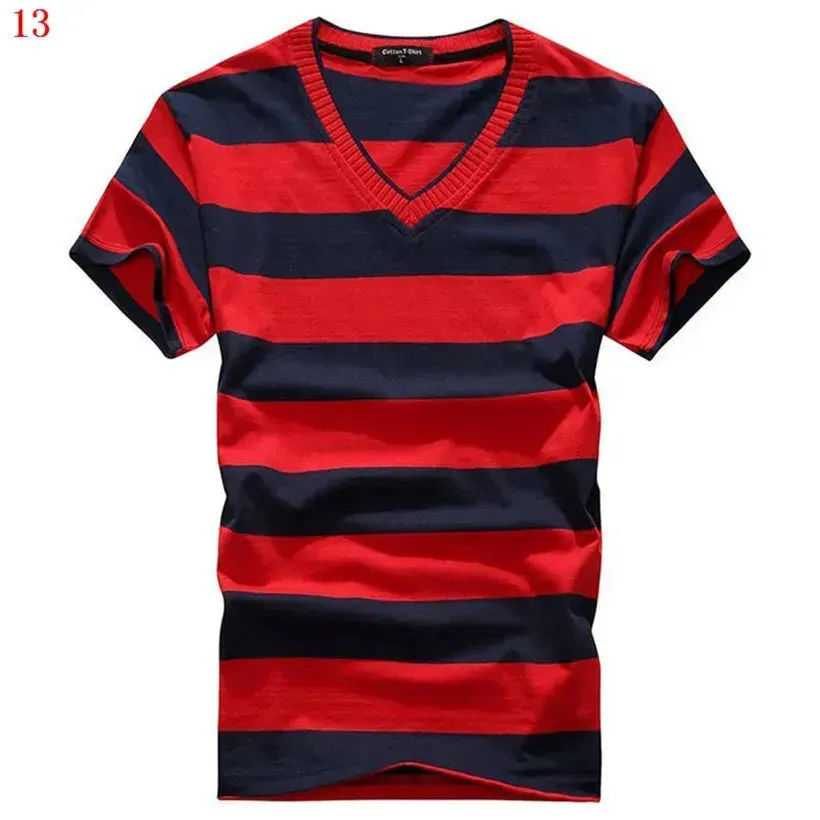 Striped Cotton Short Sleeve V-Neck T-Shirt