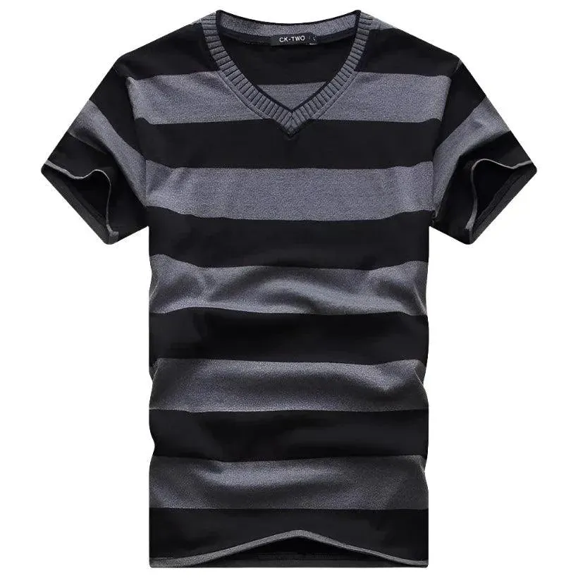 Striped Cotton Short Sleeve V-Neck T-Shirt