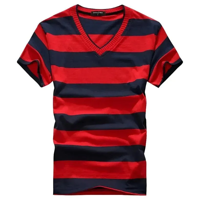 Striped Cotton Short Sleeve V-Neck T-Shirt