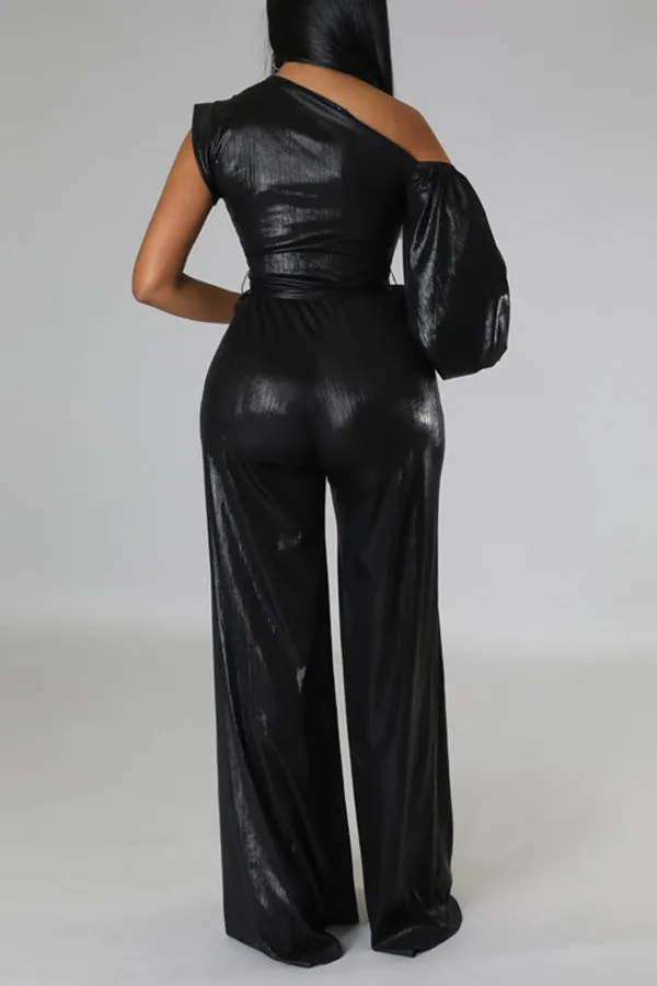 Stylish Oblique Shoulder Lantern Sleeve Jumpsuit