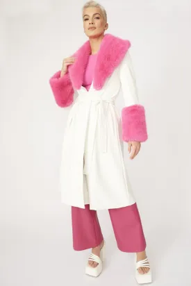 Trench Style Belted Coat with Faux Fur Cuffs and Collar