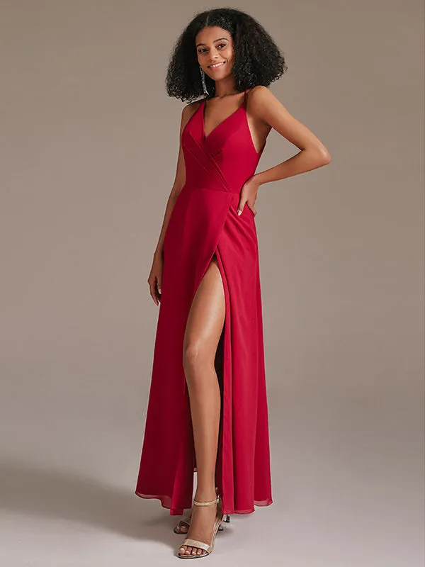 V Neck Backless Chiffon Bridesmaid Dresses with Slit