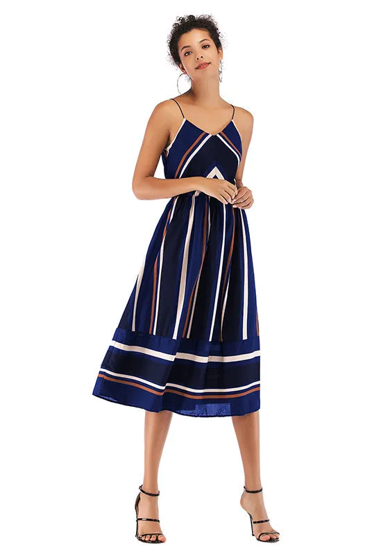 V Neck Striped Color-block Backless Chiffon Dress