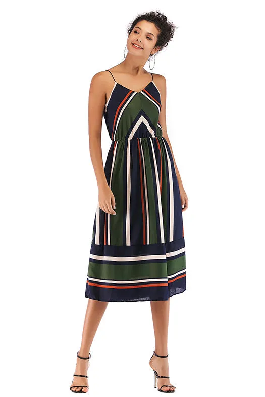 V Neck Striped Color-block Backless Chiffon Dress