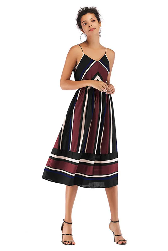 V Neck Striped Color-block Backless Chiffon Dress