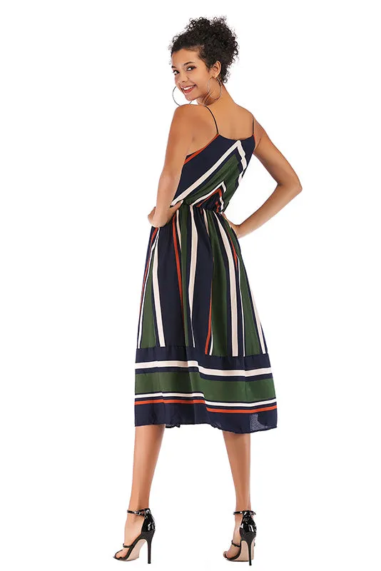 V Neck Striped Color-block Backless Chiffon Dress