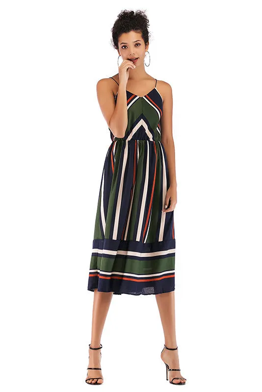 V Neck Striped Color-block Backless Chiffon Dress