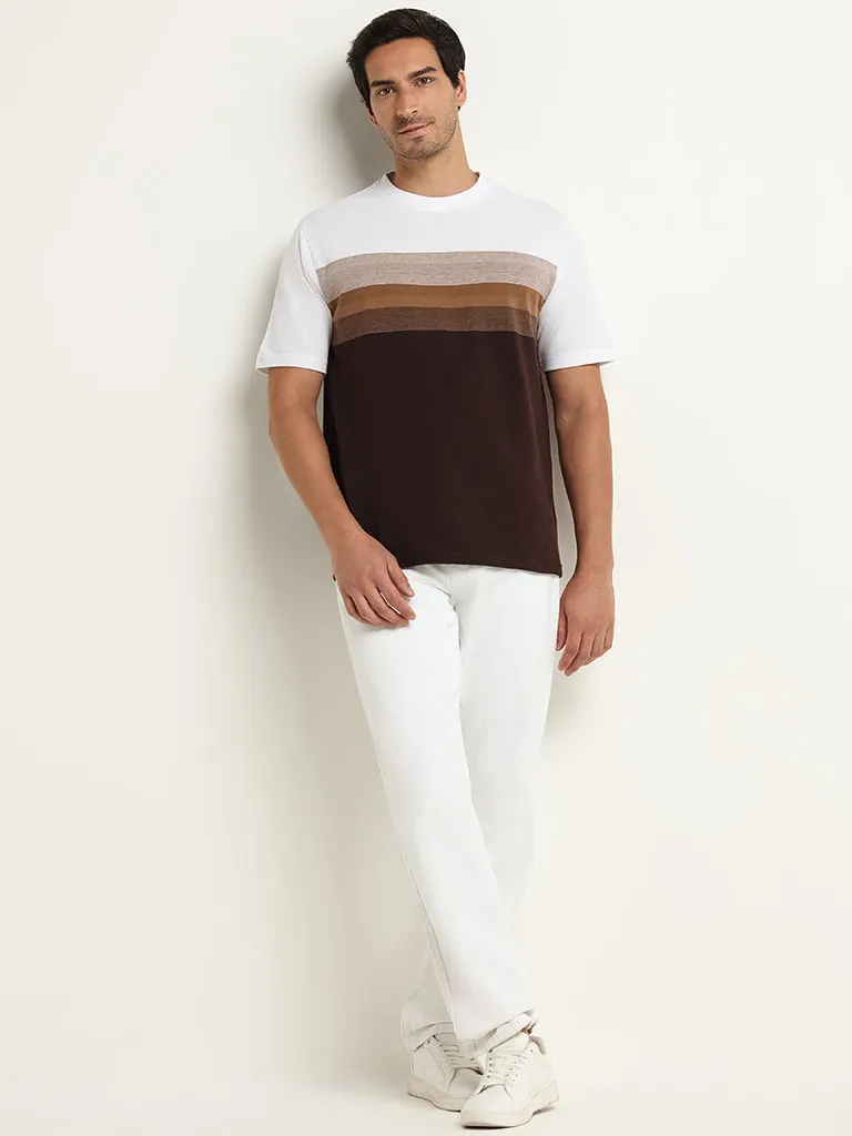 WES Lounge Brown Striped Cotton Blend Relaxed Fit T-Shirt