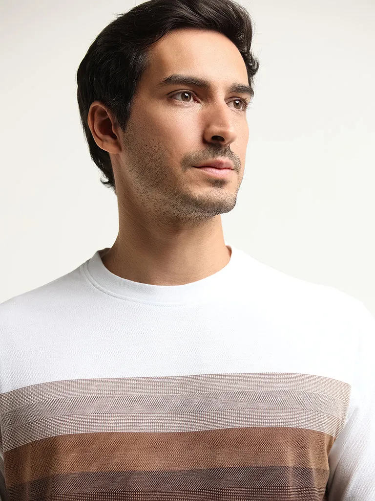 WES Lounge Brown Striped Cotton Blend Relaxed Fit T-Shirt