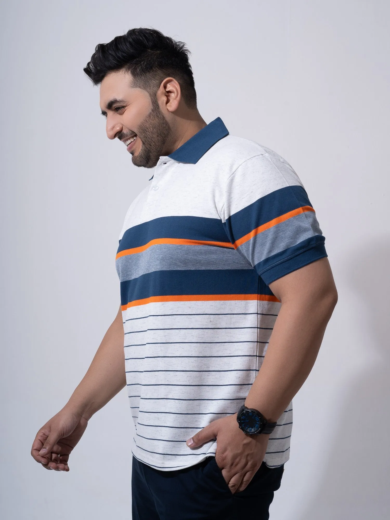 White Melange Striped Polo T-shirt