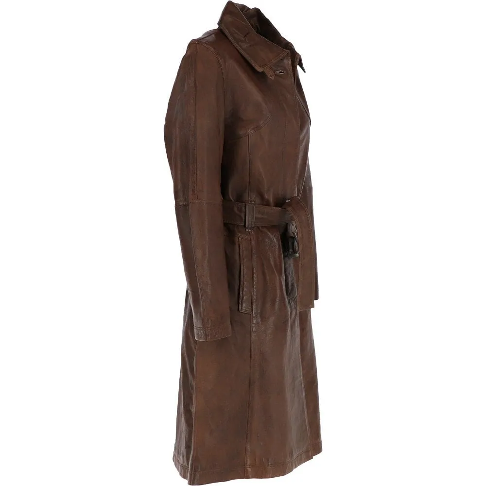 Women's Vintage Brown Single Breasted Leather Trench Long Overcoat